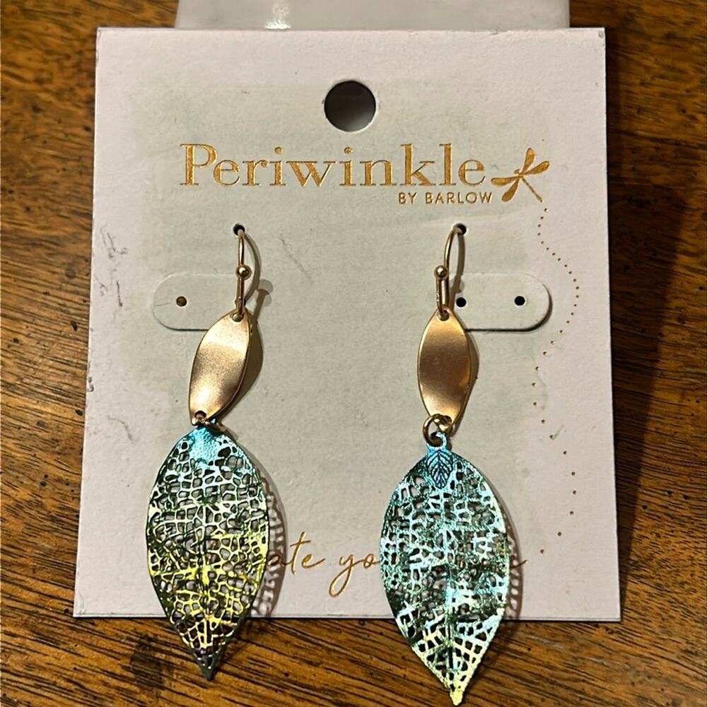 Periwinkle by Barlow Iridescent Leaf Drop Dangle Earrings #105 gold tone